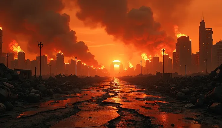 A devastating post-apocalyptic scene of a city engulfed in flames, bathed in an intense orange-red glow. The skyline is filled with thick, black smoke rising into the sky, partially obscuring the ruins of once-standing buildings that now lay shattered and ...