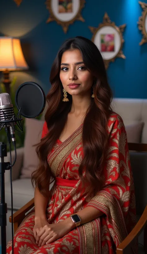 "A breathtakingly beautiful Indian woman with mesmerizing blue eyes and long, wavy hair cascading in rich, reddish-brown highlights. She is elegantly dressed in a stunning, intricately designed saree that drapes gracefully around her, enhancing her regal p...