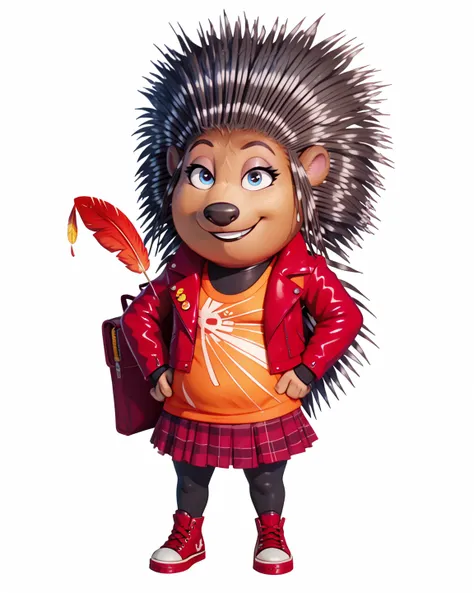 solo, ashsing, porcupine, anthro, quill hair, full body, blue eyes, confident, smile, hands on hips, red leather jacket, opened jacket, orange shirt, maroon plaid mini-skirt, plump stomach, black undershirt, black jeggings, red converse sneakers, white bac...