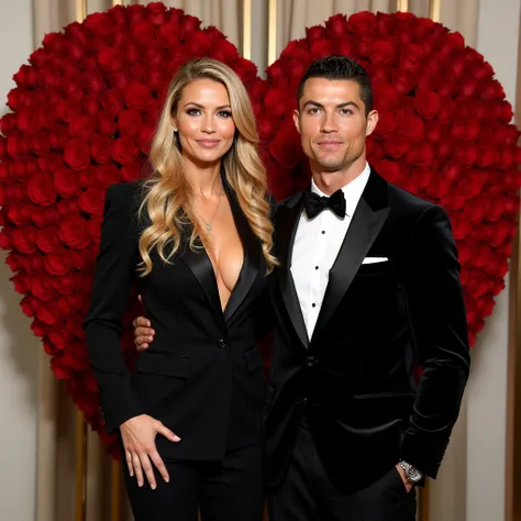  Masterpiece ,  best quality , ( Cristiano Ronaldo and beautiful Italian model),  ( girl long blond hair :1.2), ( straight hair :1.2), (30 year old,  blue eyes,  average build,  sexy figure:1,3), Sexy and beautiful Italian model is wearing a jacket and pan...