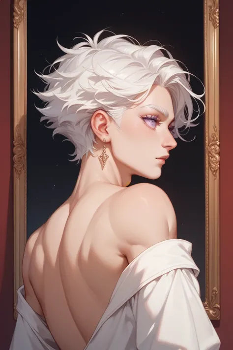 A thin young man of average height, with fair skin and delicate features. He has lavender eyes, long eyelashes and a focused expression. Long, straight white hair flows down his shoulders and back.  DON'T MAKE HIM A WOMAN. 
Picture from the waist up. 