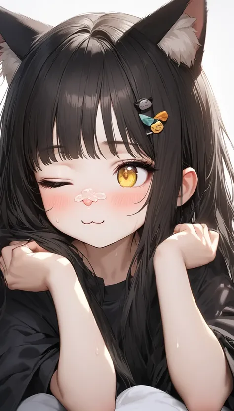 Cat ears 少女,Cute cat ears, squishy eyes,Sleeping comfortably,Runny nose lanterns, very realistic black cat ,  perfect anatomy,    long dark hair, 非常に   long hair,   straight perm, bangs, (((bangsに青い薔薇のヘアクリップ))),    yellow eyes,  New Look,    long hair, gra...