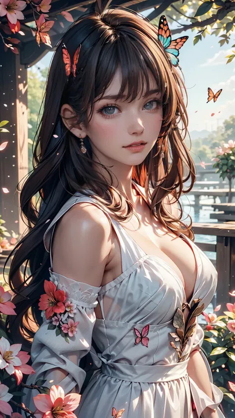  Masterpiece, ( top quality), (( BEST DETAILS)),  depth synthesis,  beautiful girl,  beautiful face, nature, Spirit,  Blossom ,  colorful landscape , flower, butterfly, Glowing Dress, element