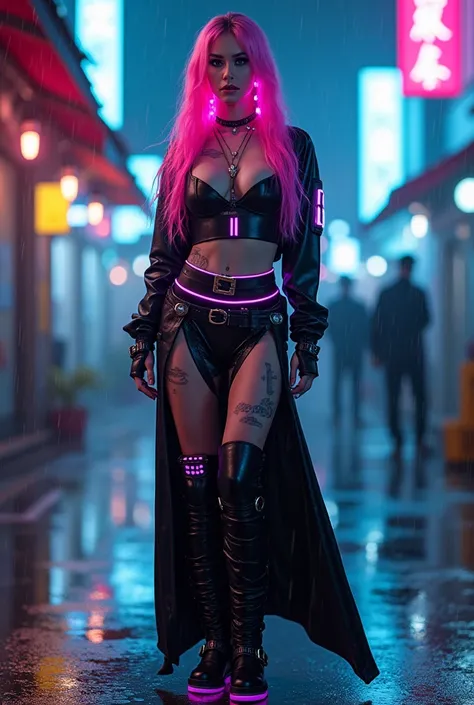  Full-length Cyberpunk girl with pink neon hair,  gradient in purple at the tips , and very large F size breasts,  hair accentuated by a fitted top with neon inserts .  Holographic skin with neon tattoos . Neon pink eye makeup with cybernetic elements. She...