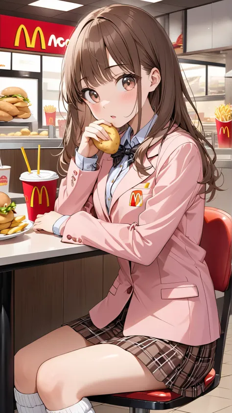 16K Brown Mid-Haired High School Girl with Bangs Super Delicate Pink Blazer, Checked White Skirt, Unbuttoned Blouse, Moe Sleeves, Table, Chair, Background, McDonald's, In-store, Potato, Loose Socks, Inner Crotch