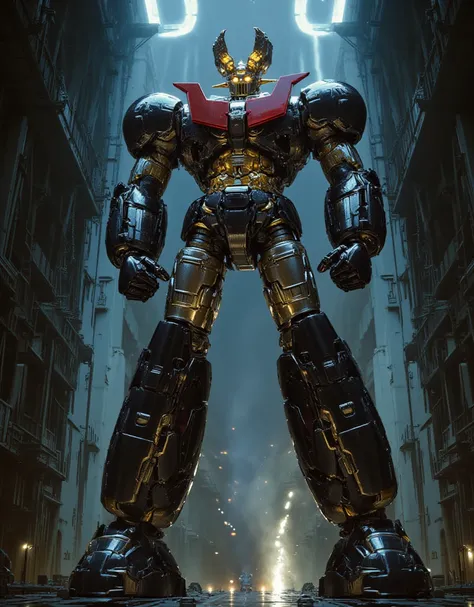  、 modified Mazinger Z standing 100 meters high in front,   towering over 100 meters in a forward leaning position .   Made with modern materials such as steel 。  ,    Carbon Fiber   ,    Other industrial elements are also visible   ,   Just like the real ...