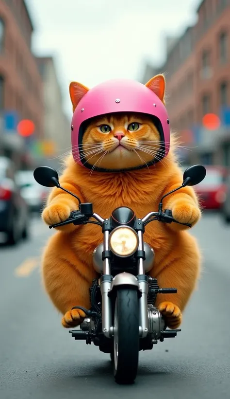 "Create a whimsical and humorous scene featuring a large, fluffy orange cat riding a motorcycle. The cat should be wearing a pink helmet and appear to be confidently steering the bike down a road. The background should suggest an urban setting with blurred...