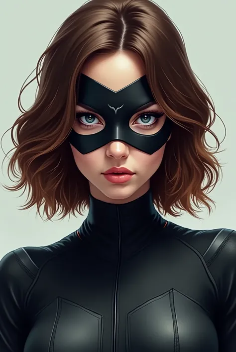 Brown and slightly reddish-dark hair and a bold sigma superhero girl in a black mask with blue eyes