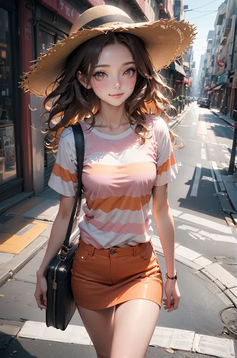 smiling beauty woman, on city street 's sidewalk, in sunny day, holding a smartphone, travel luggage near her, DSLR camera, BREAK, (+forehead, shoulder-length hair, wavy hair, dark-brown hair, straw hat), BREAK, ( short sleeves t-shirt (+peach-orange and l...