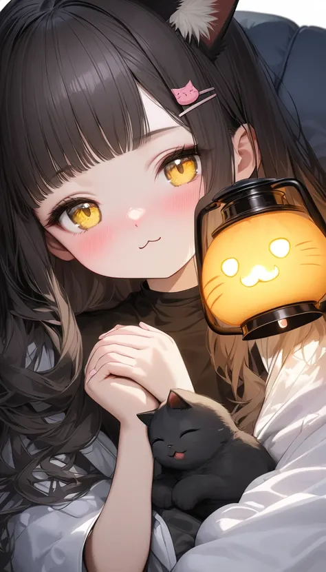 Cat ears 少女,Cute cat ears, squishy eyes,Sleeping comfortably, nose lantern, very realistic black cat ,  perfect anatomy,    long dark hair, 非常に   long hair,   straight perm, bangs, (((bangsに青い薔薇のヘアクリップ))),    yellow eyes,  New Look,    long hair, gray inne...