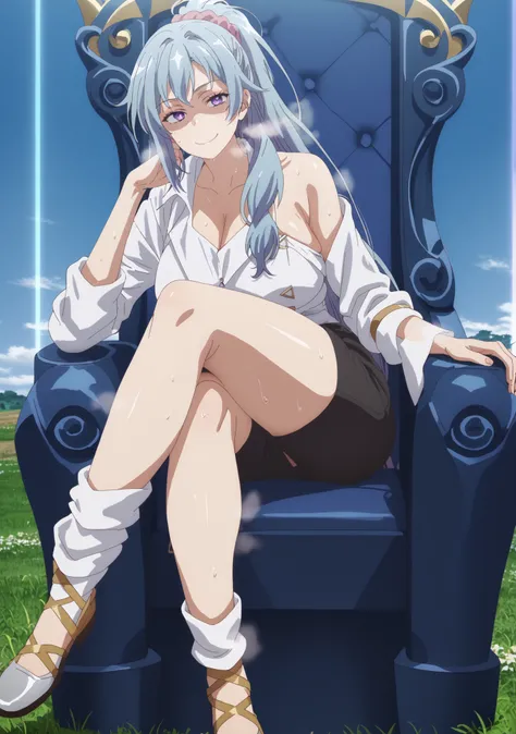 score_9, score_8_up, score_7_up, score_6_up, uncensored, saki kawasaki, long hair, hair ornament, blue hair, purple eyes, ponytail, mole, mole under eye, scrunchie, hair scrunchie, pink scrunchie, bright pupils, anime coloring, anime screencap, large breas...