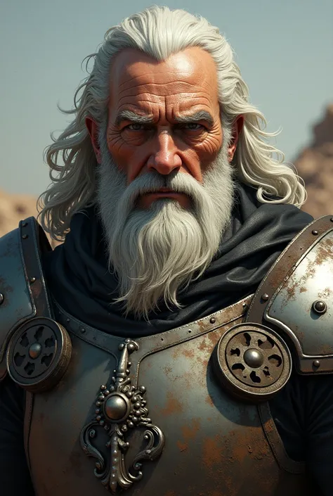 Three-quarter portrait of a Knight of Steel Brotherhoods from the Fallout universe wearing unhelmeted atomic armor with a beard and long white hair 