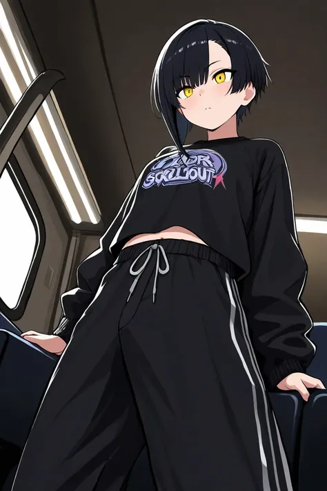   Hi-Res,   boyish,    in the seat,  black hair, Sporty shortcuts,   asymmetrical hairstyle  ,  Asymmetrical bangs,   yellow eyes,  There are three circles in the middle of the eye,  Skater Style Street Fashion, slightly oversized bottoms,  is standing, fu...