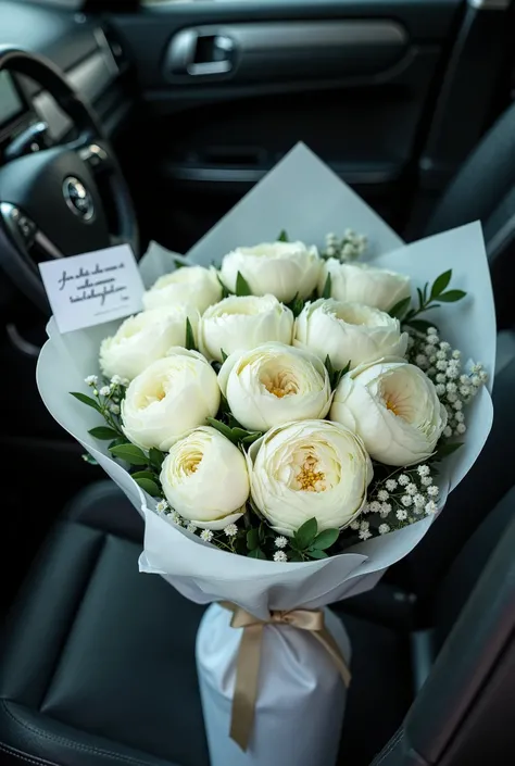 photo of a wrap Bouquet of white peonies flower inside a car with a white sticky note attach on the wrapping paper that says “for the most beautiful woman Trinityjade”