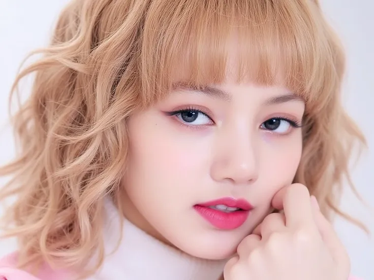 Soft creamy blonde long curly hair , one sides bang , pink barbie make up , korean alike , white ivory skin , blue eyes , glowing skin , very korean make up