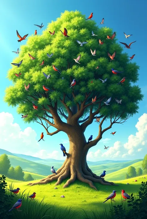 A tree with lots of birds 