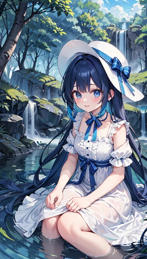  (8k,   top quality,   masterpiece:1.2),   dark blue hair  , ５age ,  ,   comical  ,    white ruffle dress  , long ruffle    ,  blue ribbon , long nightgown,  ruffle hat white    , river, Iwabe, waterfall, tree,   vibrant colors,   Soft Lighting  , （ A more...