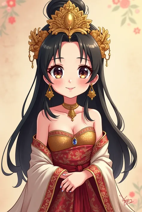 "A cute anime-style young woman dressed in traditional Javanese-Malay attire. She wears a fabric-wrapped bandeau top (paṭṭa) without straps, elegantly wrapped around her chest. Her lower half is adorned with a beautifully patterned sarong (paṭṭa sarong), g...