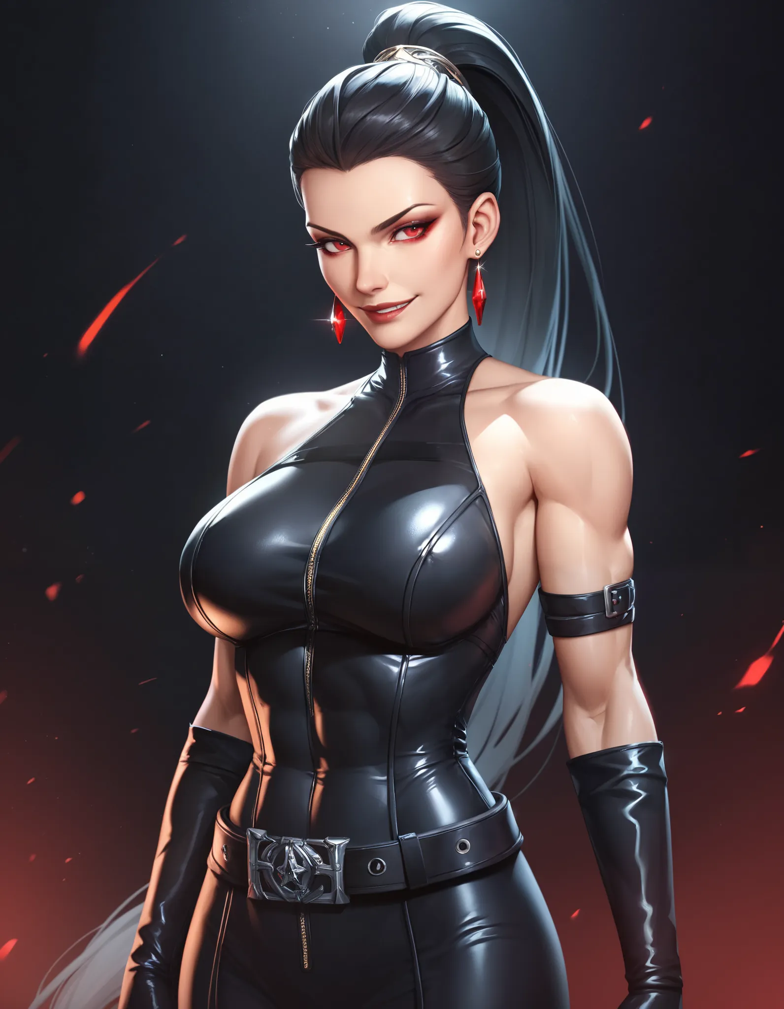 female black sleveless latex bodysuit with belt, black belt, racerback, bare shoulders, long gloves, black gloves, toned arms, tall, beautiful faces, black ponytail with showing forehead, long ponytail, earrings, black earrings, soft smooth skin, pale skin...