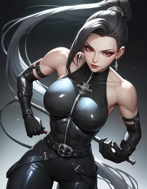 female black sleveless latex bodysuit with belt, black belt, racerback, bare shoulders, long gloves, black gloves, toned arms, tall, beautiful faces, black ponytail with showing forehead, long ponytail, earrings, black earrings, soft smooth skin, pale skin...