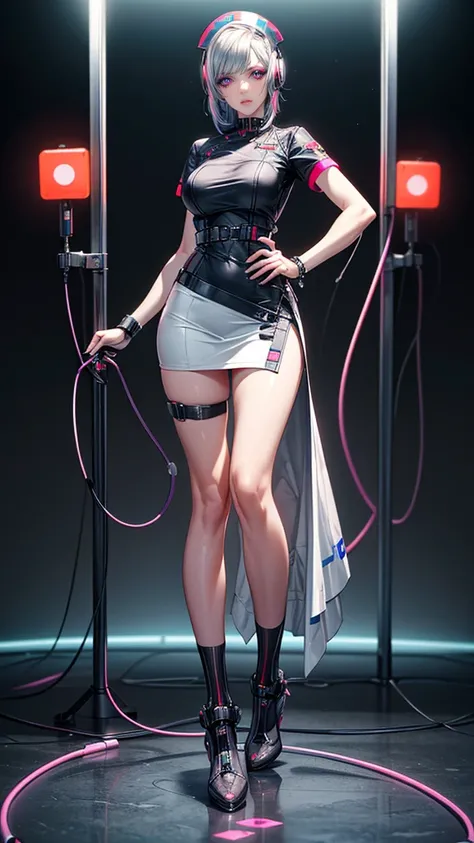 Sensual 24 years old female, futuristic nurse, futuristic cyber mechanical style, beautiful hair, ((beautiful silver hair, multicolored hair)) sleek short bob,BREAK (futuristic cyberpunk nurse costume, neo-fabrics costume with intricate mechanical design a...