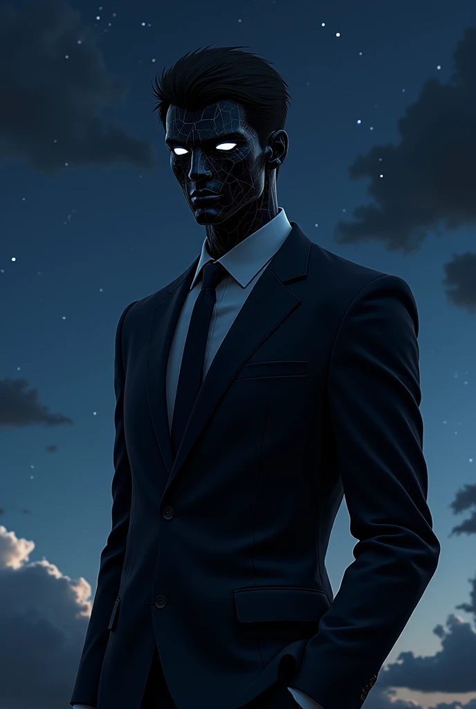 anime art,   man, black marble his whole body,  silver eyes,  dressed in a business suit,  background night beautifully  