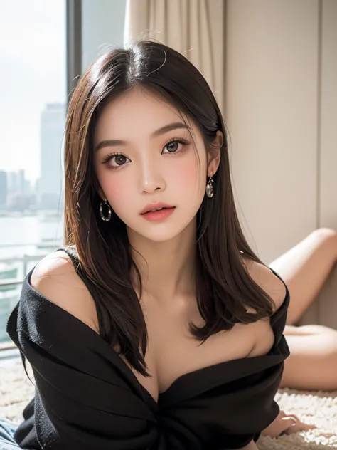 
§ A stunning young woman reclines elegantly on a plush carpet, draped in a sheer, water-kissed towel that clings to her curves. Glistening droplets on her luminous skin catch the light, enhancing her allure.
Set in a luxurious high-rise, the city skyline ...