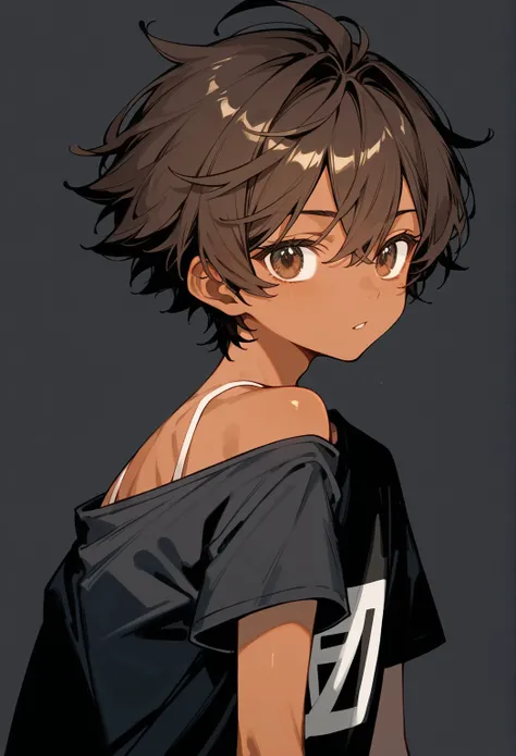 The age in the dark T-shirt shows off his well-built body for his age. The guy has light, slightly tanned skin. He has brown eyes and slightly overgrown, disheveled brunette hair. On a dark background. Anime.  