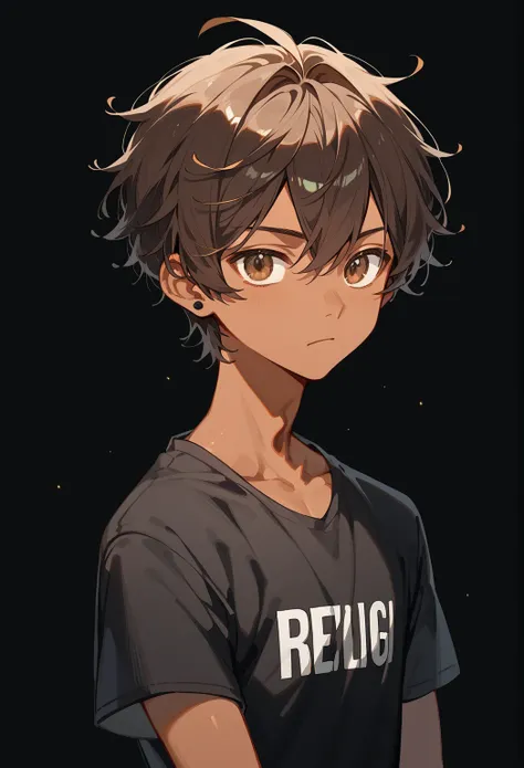 The age in the dark T-shirt shows off his well-built body for his age. The guy has light, slightly tanned skin. He has brown eyes and slightly overgrown, disheveled brunette hair. On a dark background. Anime.  