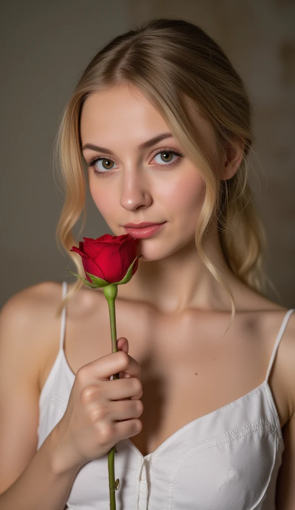 Beautiful brown-eyed blonde holding a rose with her penetrating eyes 