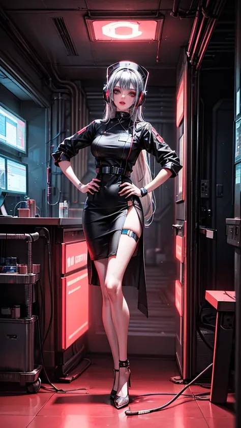 Sensual 24 years old female, futuristic nurse, futuristic cyber mechanical style, beautiful hair, ((beautiful silver hair, multicolored hair)) sleek short bob,BREAK (futuristic cyberpunk nurse costume, neo-fabrics costume with intricate mechanical design a...