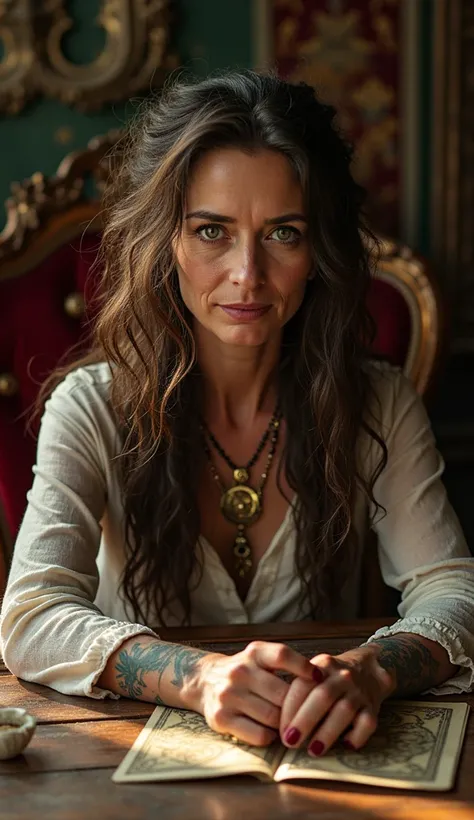 A middle-aged fortune teller with thin, curly brown hair and warm, golden skin, adorned with colorful, intricate tattoos on her cheeks and forehead, sits at a worn and ornate wooden fortune teller's table, surrounded by barely there velvet chairs. illumina...