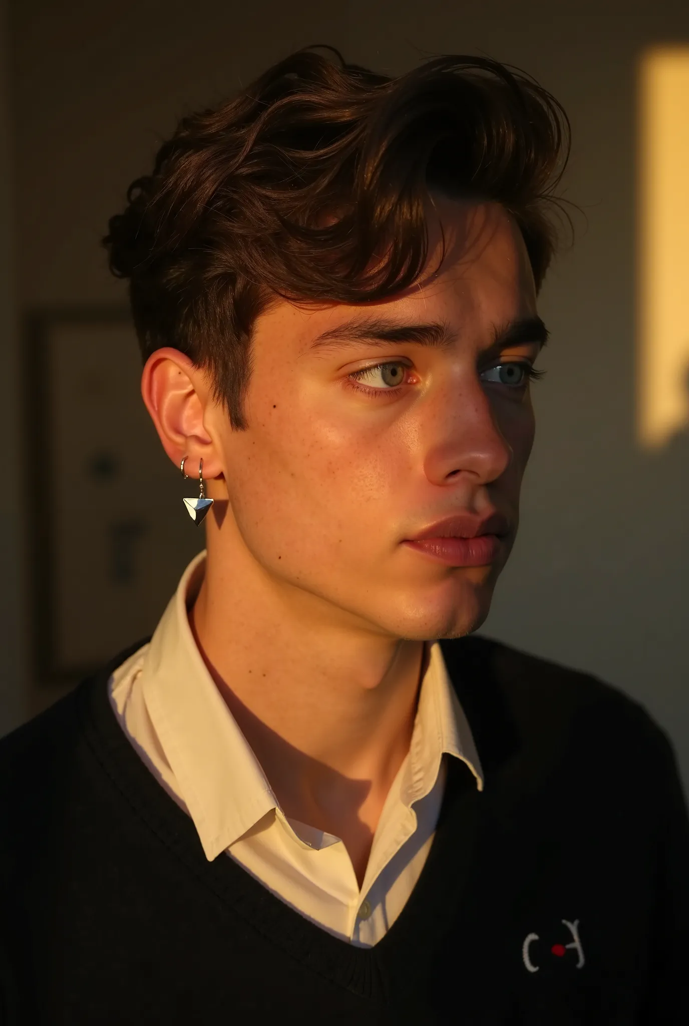  Portrait of an attractive young man with fair skin ,  dark brown hair slightly wavy and styled with volume .  Her eyes are deep light blue , highlighted by natural sunlight .  He wears a white shirt under a black sweater with a subtle design on the chest....