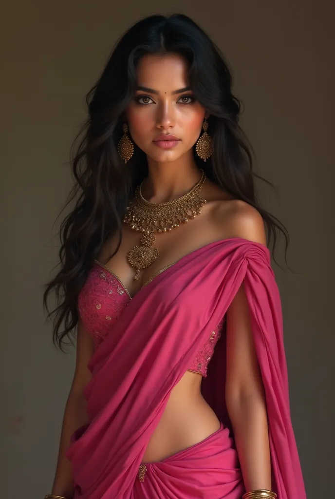 An extremely gorgeous girl, detailed face and lips, detailed eyes, detailed belly, wearing pink Saree 