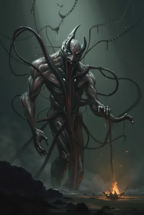 UZHRUUL—The God of Taboo

Appearance:
A faceless, twisted entity bound in flesh-wrapped chains, sewn shut in places where mouths should be. It constantly struggles against itself, its elongated limbs snapping and reshaping, its wounds opening and closing i...