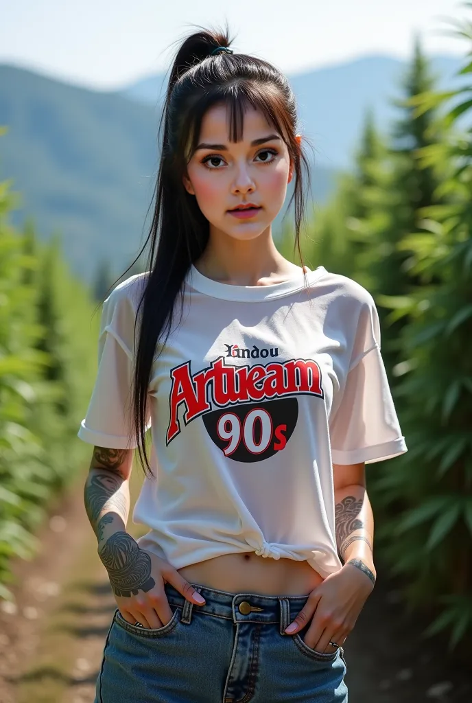  . 8k three-dimensional photo taken with high quality camera ,  Round-faced Asian girl  ,Tattoos,   seductive smile ,   sexy in various poses  ,   Exciting  , Outdoor on the mountain, Standing among the cannabis trees    ,  Transparent T-shirt in bright co...