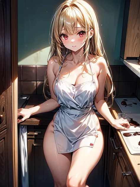  masterpiece, best quality, high resolution ,Perfect light and shadow,8k wallpaper,illustration, ray tracing, a cute girl, Blonde Hair ,Long straight hair, red eyes,kitchen,Making chocolate,Love-shaped chocolate, Nude Apron ,