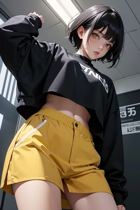   Hi-Res,   boyish,    in the seat,  black hair, Sporty shortcuts,   asymmetrical hairstyle  ,  Asymmetrical bangs,   yellow eyes,  There are three circles in the middle of the eye,  Skater Style Street Fashion, slightly oversized bottoms,  is standing, fu...