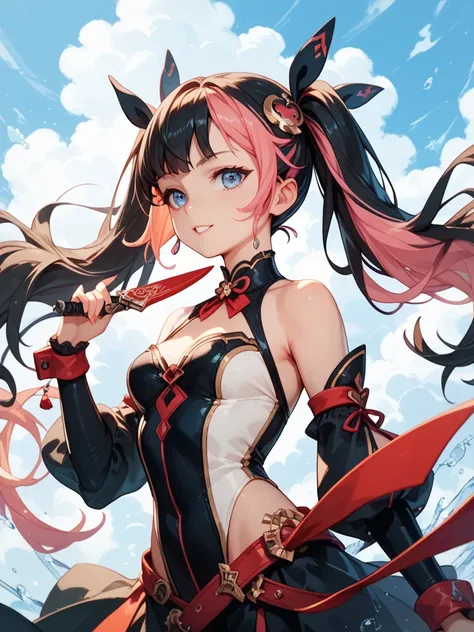 (color) bodysuit
detached sleeves
hair ornament
black zelsiuspants
wrist blades
quna, two-tone hair, twintails