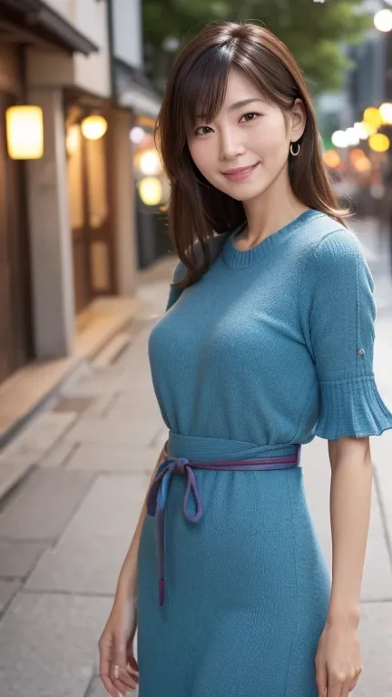 (( top quality)), ((8k)), ((masterpiece: 1.3)), (Perfect Look), ( photorealism: 1.6), (JMA), (Ain), ( Japanese mature woman ), （I'm wearing a colored knit dress),One mature woman,wife,Night Street Lights , top quality,masterpiece, extremely delicate and be...