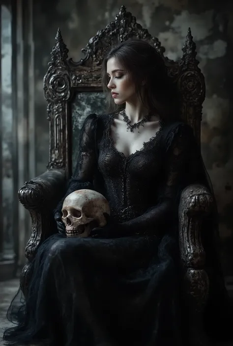 Love Beyond Time, High Quality, Gothic Horror, One Girl, Solo, Beautiful Woman, Queen of the Night, Dark Empress, Long Black Hair, Long Eyelashes, Closed Eyes, Narrow Face, Mole Under Eye, Moist Lips, Slim Body, Medieval European Black Dress, High Neck, Ch...