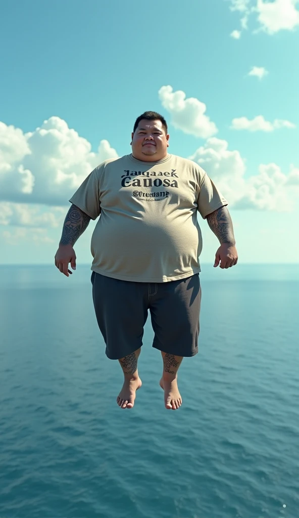 A fat man with an Indonesian hand tattoo wearing a shirt with the inscription MAS BOY is flying in the middle of the ocean