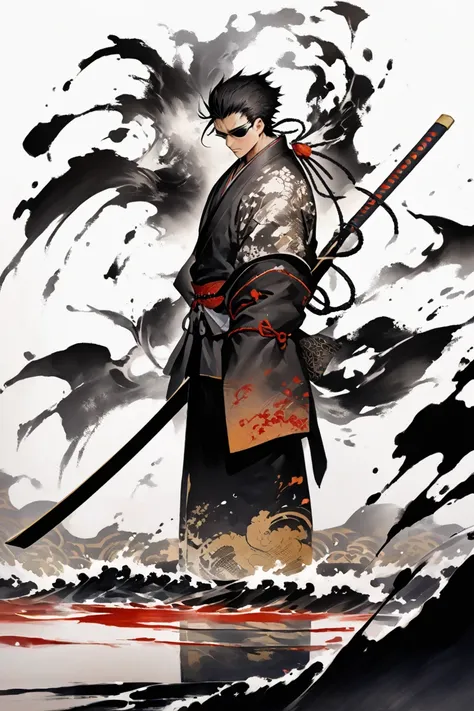     black and white painting    ,Ink painting,   Ink splashes floating in the sea of ink ,  cool faces from popular anime、 Muscular Onimusha Samurai、 Torii with platinum background 、Expressed with shades of ink 