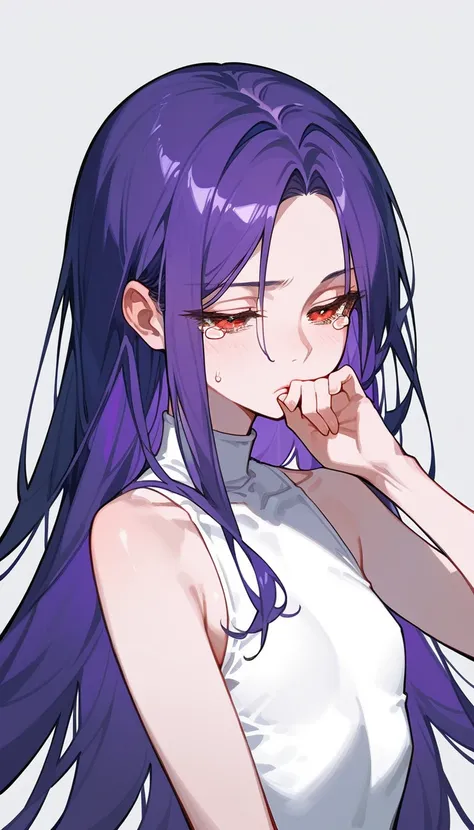 Artwork,,,,back view,adult female,single woman,alone,black and purple hair,long straight hair,sharp parted bangs,red eyes,half closed eyes,sad,full lips,expressionless,pale skin,hand over mouth,small chest,black sleeveless suit,long bangs parted in middle,...