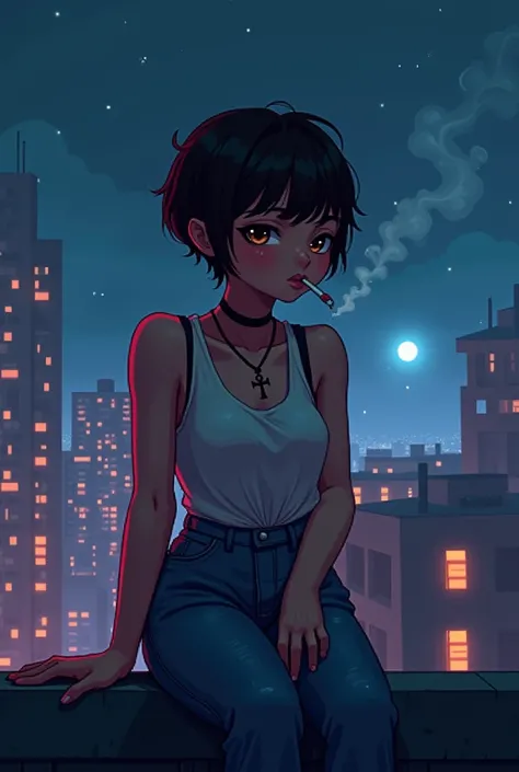 A melancholic chubby brunette Caucasian age girl with brown eyes and a short pixie cut sits on a rooftop at night, smoking a cigarette. She wears a tight ankh necklace and has a sleepy expression. Indie pixel art style, bioluminescent and iridescent colors...