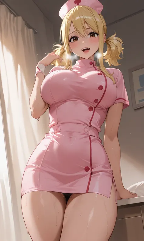 Lucy Heartfilia from the anime Fairy Tail wearing a sexy nurse outfit and looking naughty and sweating because of the heat and with heavy breathing