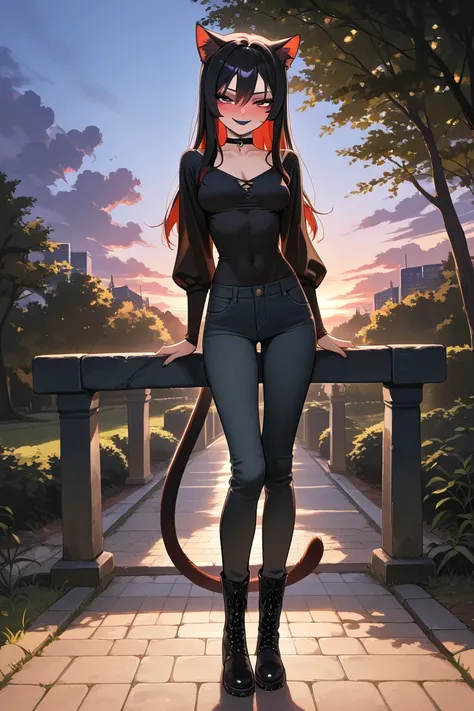 Cute catgirl, tail, beautiful, sexy, park at sunset, choker, ((horny)), ((natural breasts)), (((skinny))), pelvis sticks out, collar bones, full face blush ,black loose pants,,full body visible, loose black blouse, masterpiece, best quality, amazing qualit...