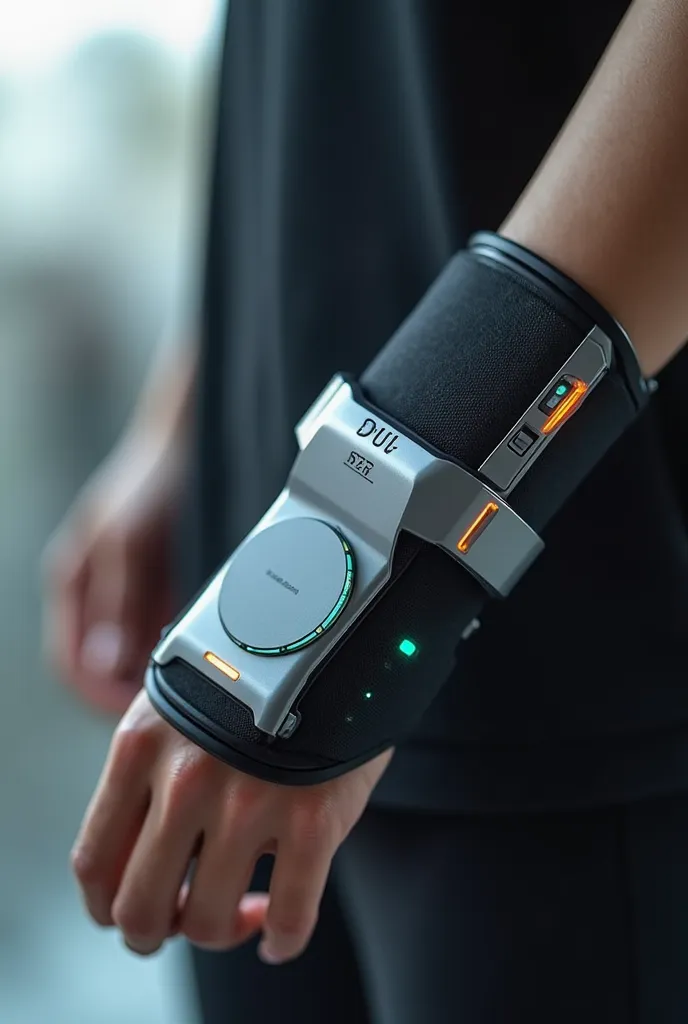 An invention that is placed on the wrist and muscles of the forearm. It contains a wireless charger, a magnetic phone holder, a Bluetooth speaker and a heart rate reading screen. Science fiction