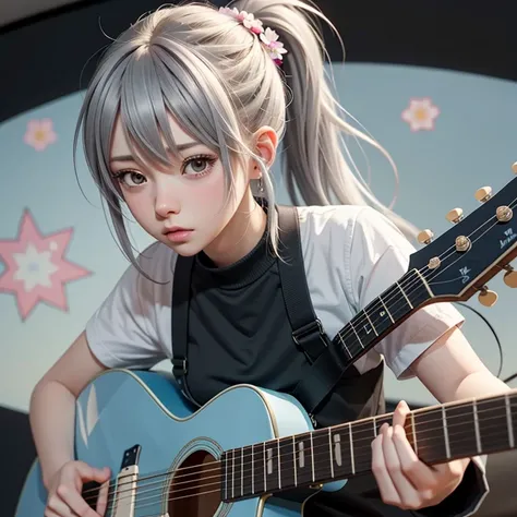  Anime Girl with whaitehair playing a blue guitar in front of a microphone, Nightcore, guitarist, ( Anime Girl), Guitar solo, sayori,  anime cover ,  Cute Anime-Style Girl Illustrations,  playing guitar ,  Marine Kitagawa Fan Art , Anime Wallpaper, Playing...