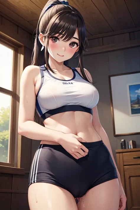 nsfw,、Pussy juice、Wet crotch、 Sweat, vapor, Gaoling loves flowers、Shiny brown hair, long hair、Ponytail with ribbon, Beautiful brown eyes、Shy、Embarrassed smile、blush、Sparkling eyes, (Fine grain)、Ultra-detailed eyes、Highly detailed face, Highly detailed eyes...